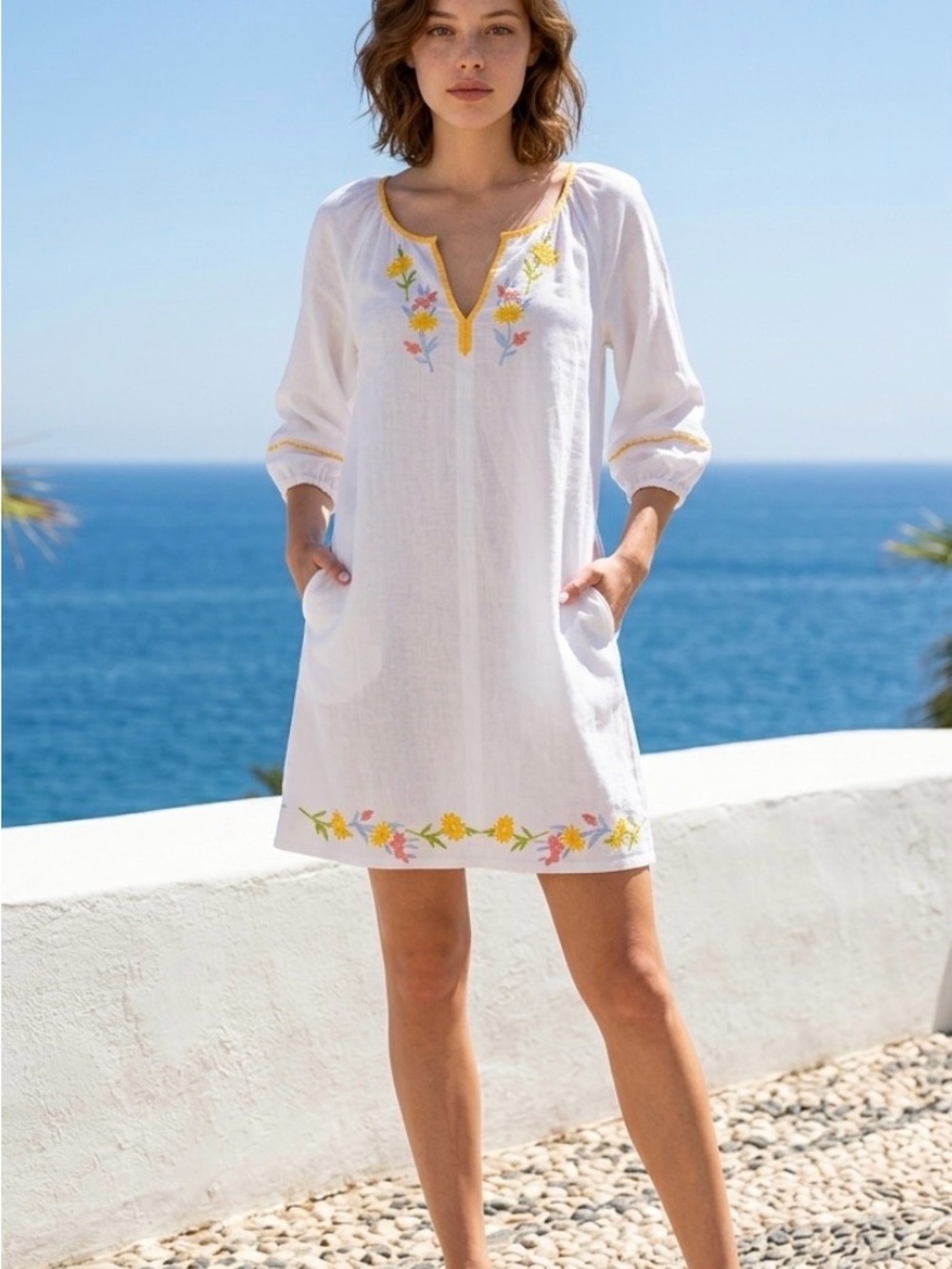 Calypso St. Barth White Linen Blend Colorful Flower Embroidery Mini Shift Dress